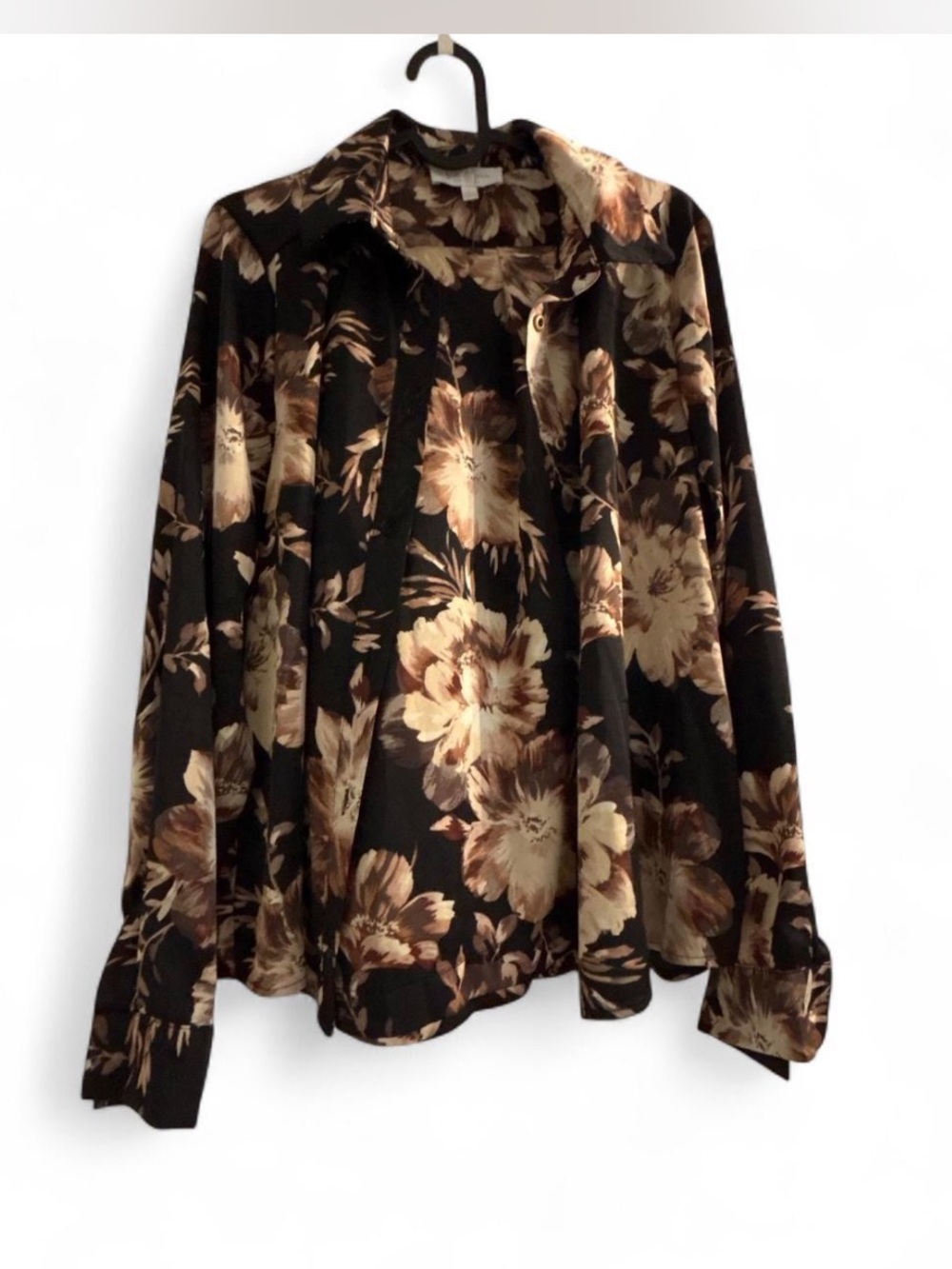 Floral Button-Up Blouse in Black and Brown w/ Wide leg pants (petite)